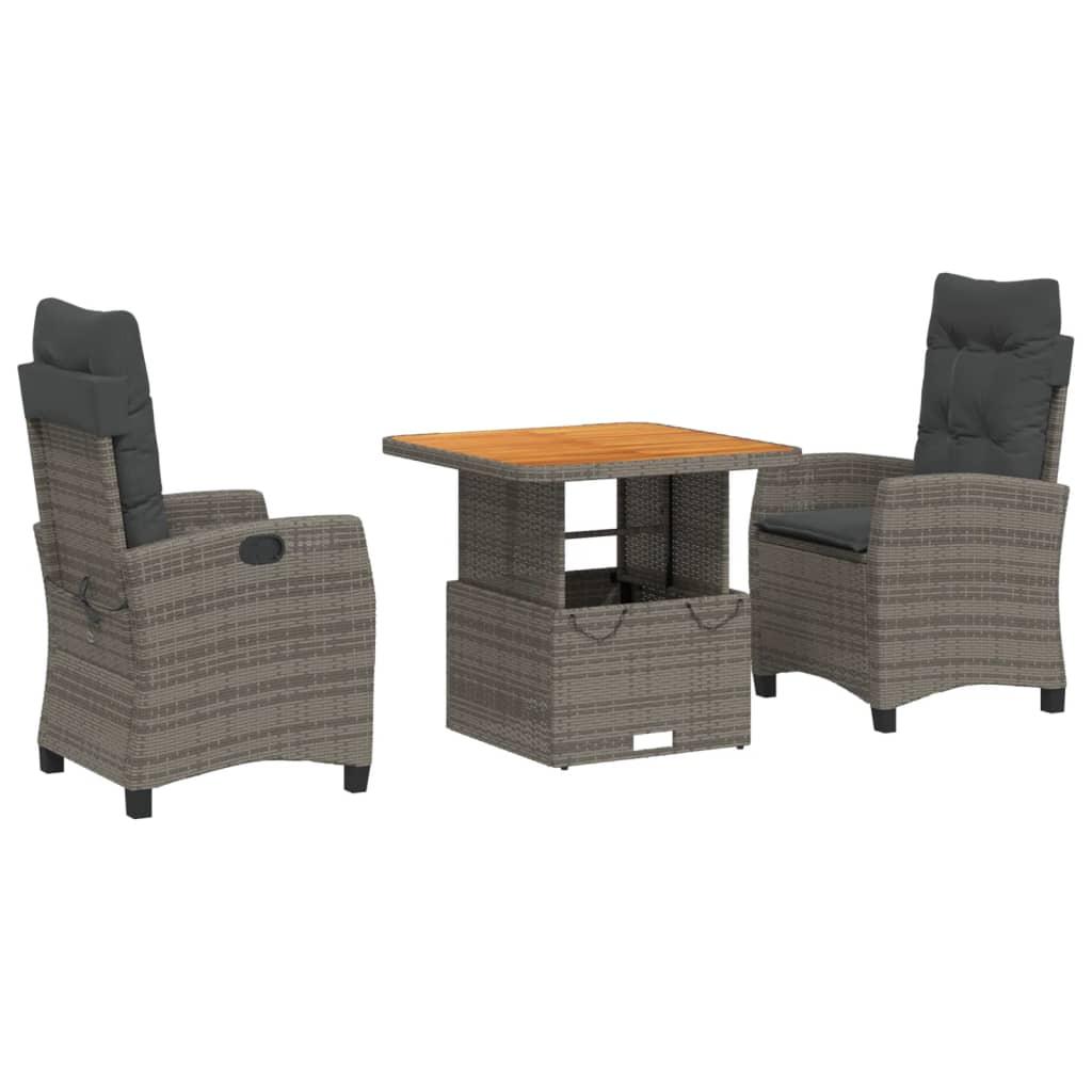 3 Piece Garden Dining Set with Cushions Grey Poly Rattan