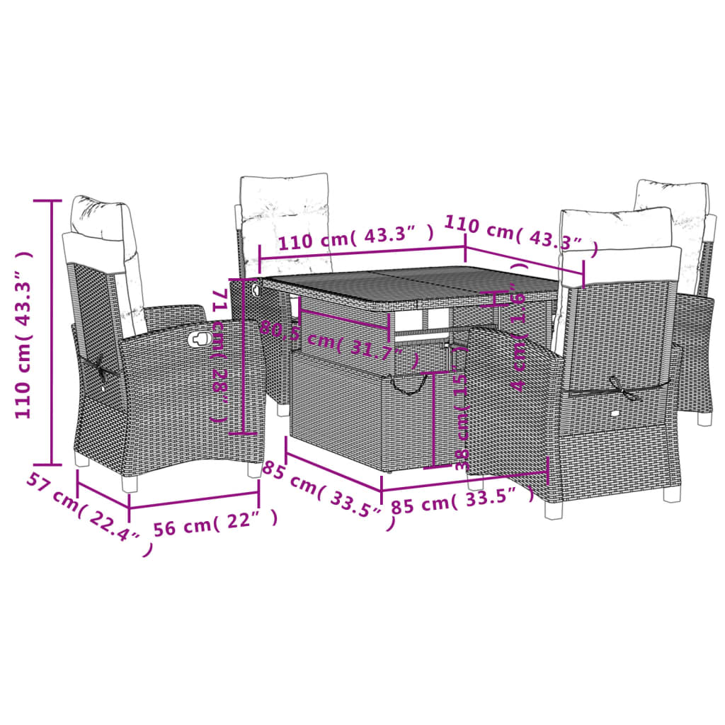 5 Piece Garden Dining Set with Cushions Grey Poly Rattan