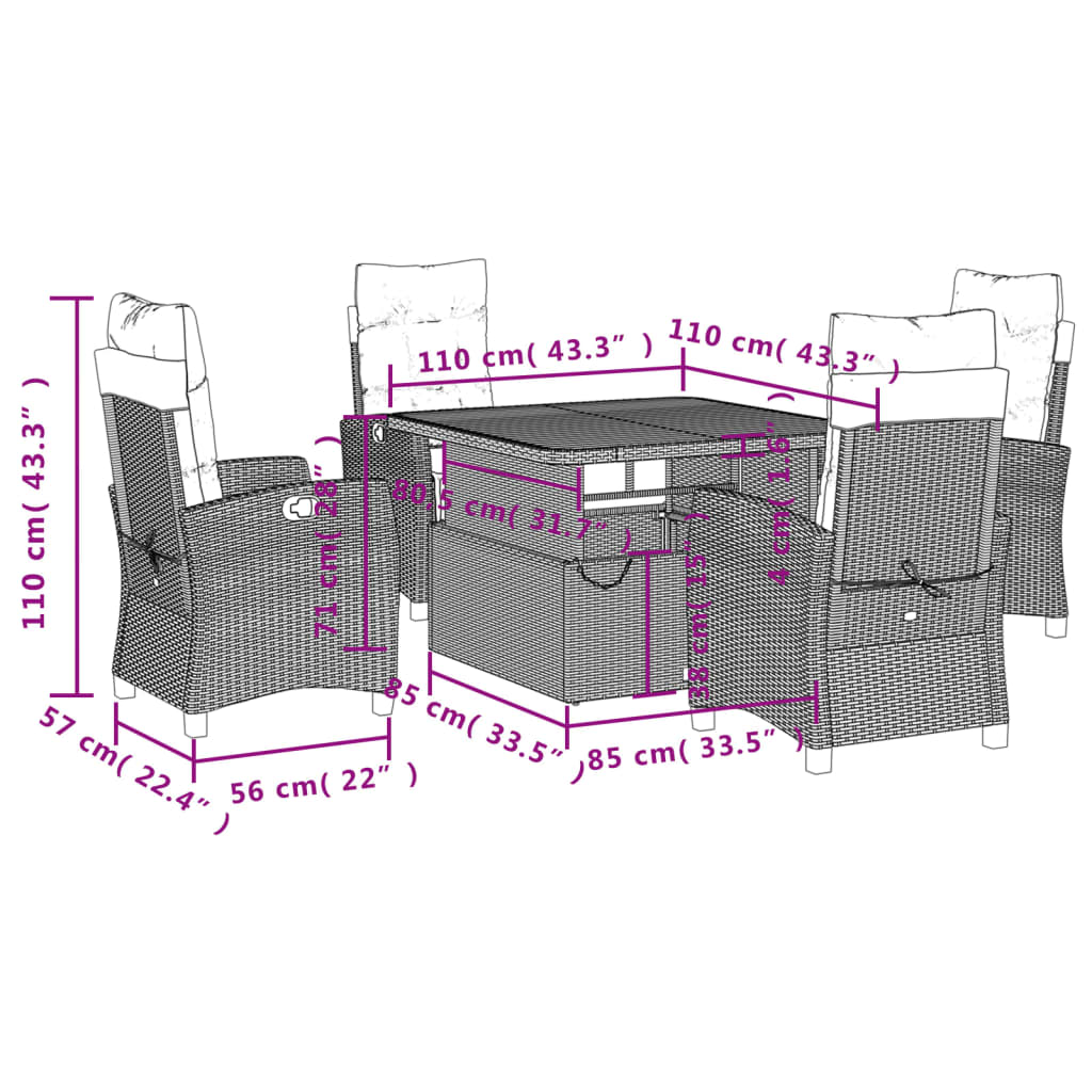 5 Piece Garden Dining Set with Cushions Grey Poly Rattan