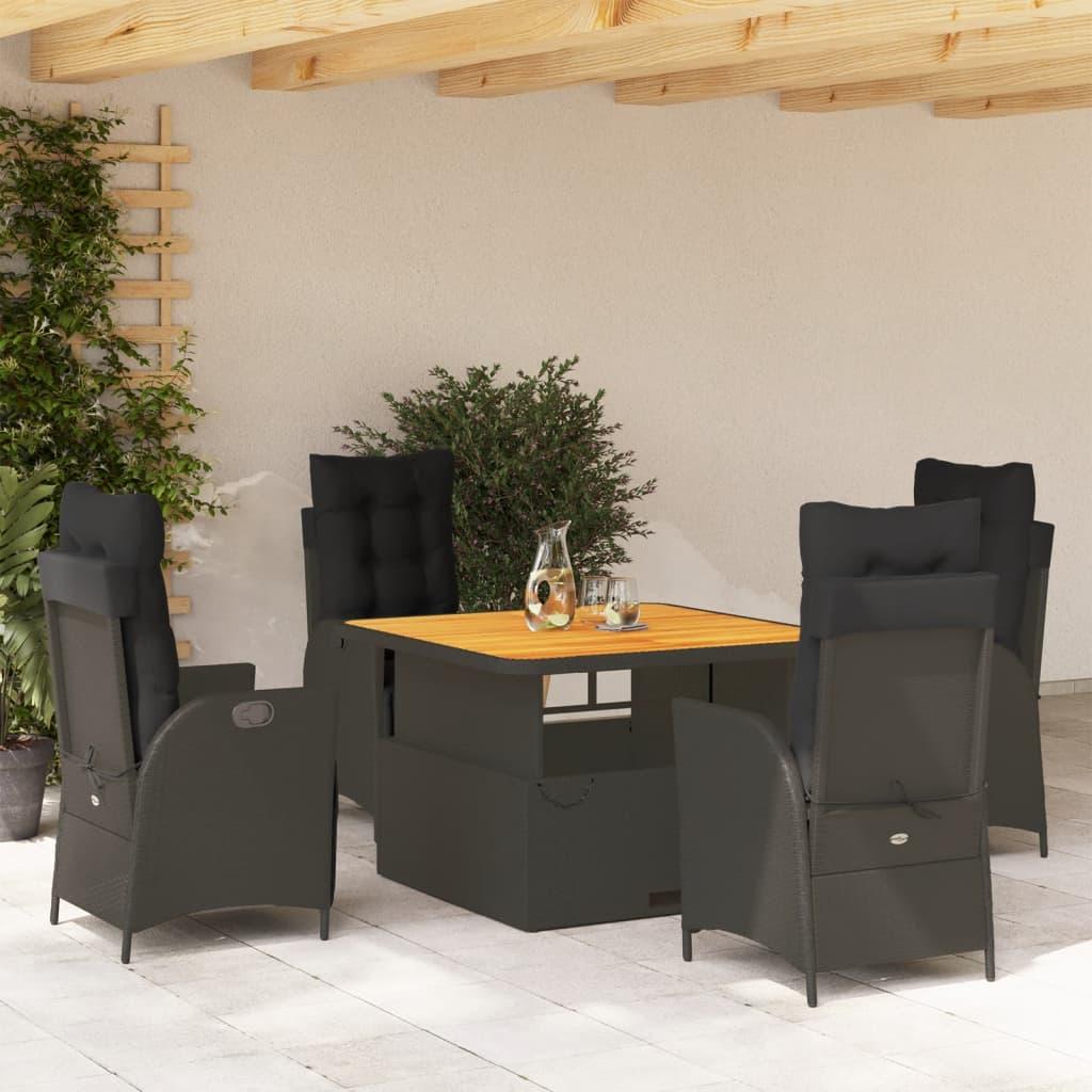 5 Piece Garden Dining Set with Cushions Black Poly Rattan