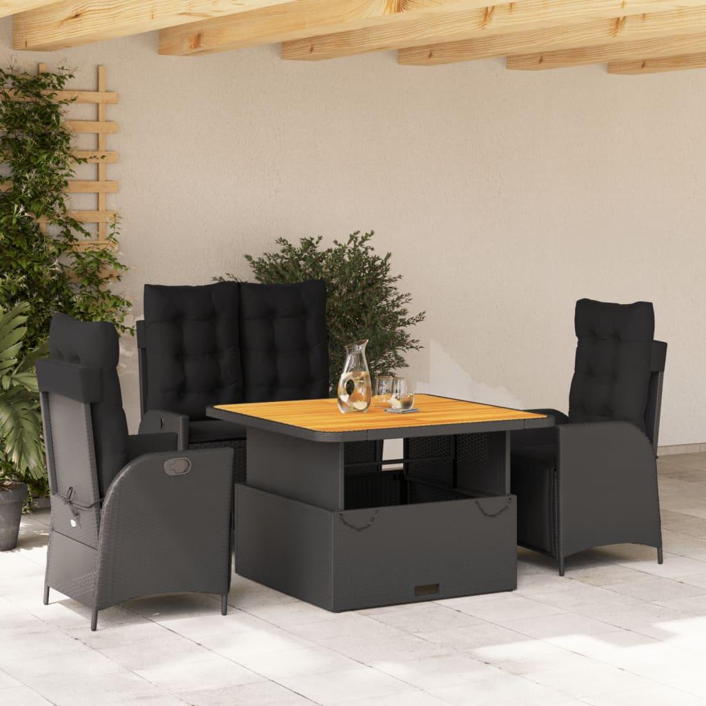 4 Piece Garden Dining Set with Cushions Black Poly Rattan