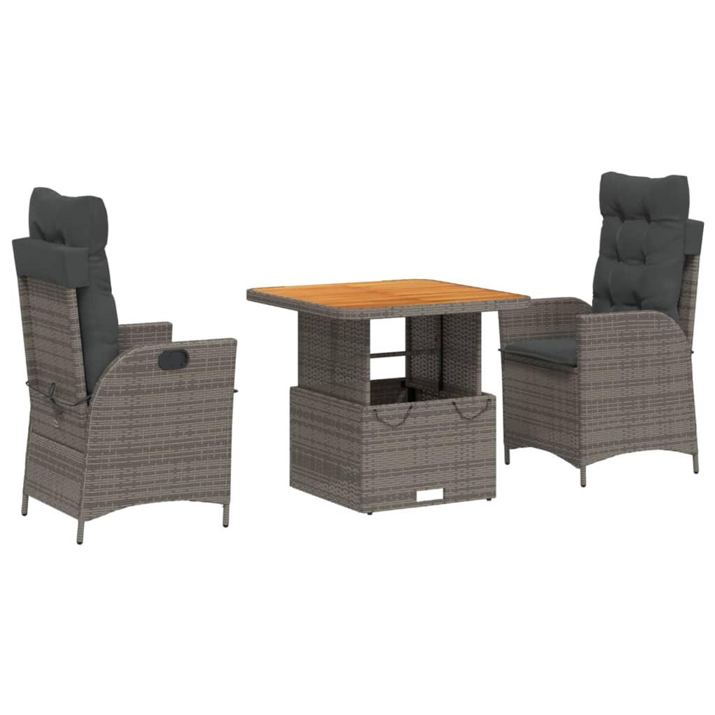 3 Piece Garden Dining Set with Cushions Grey Poly Rattan