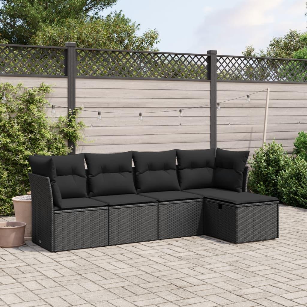 5 Piece Garden Sofa Set with Cushions Black Poly Rattan