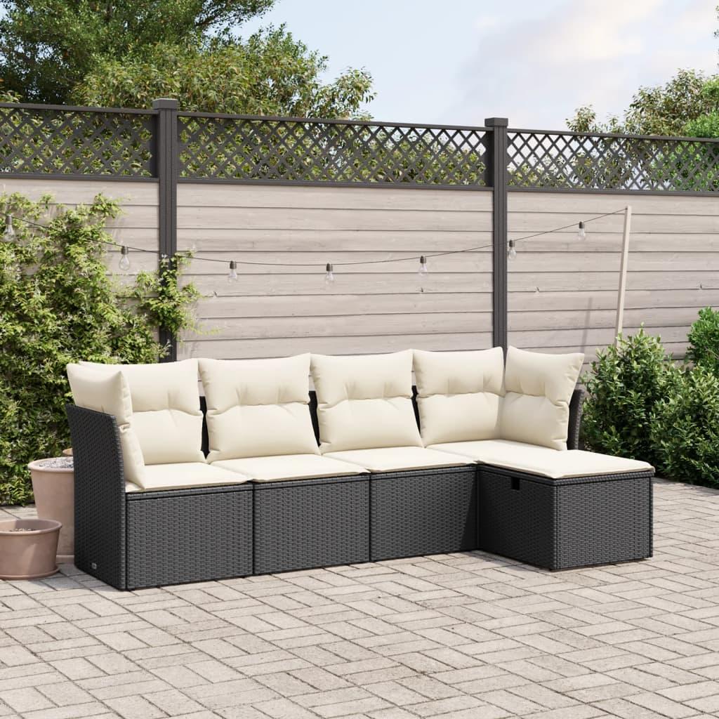 5 Piece Garden Sofa Set with Cushions Black Poly Rattan