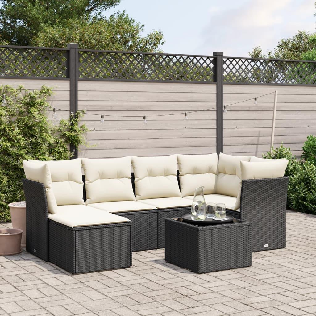 7 Piece Garden Sofa Set with Cushions Black Poly Rattan
