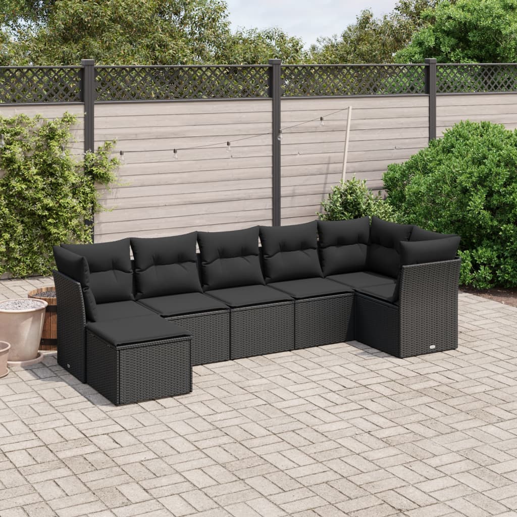 7 Piece Garden Sofa Set with Cushions Black Poly Rattan