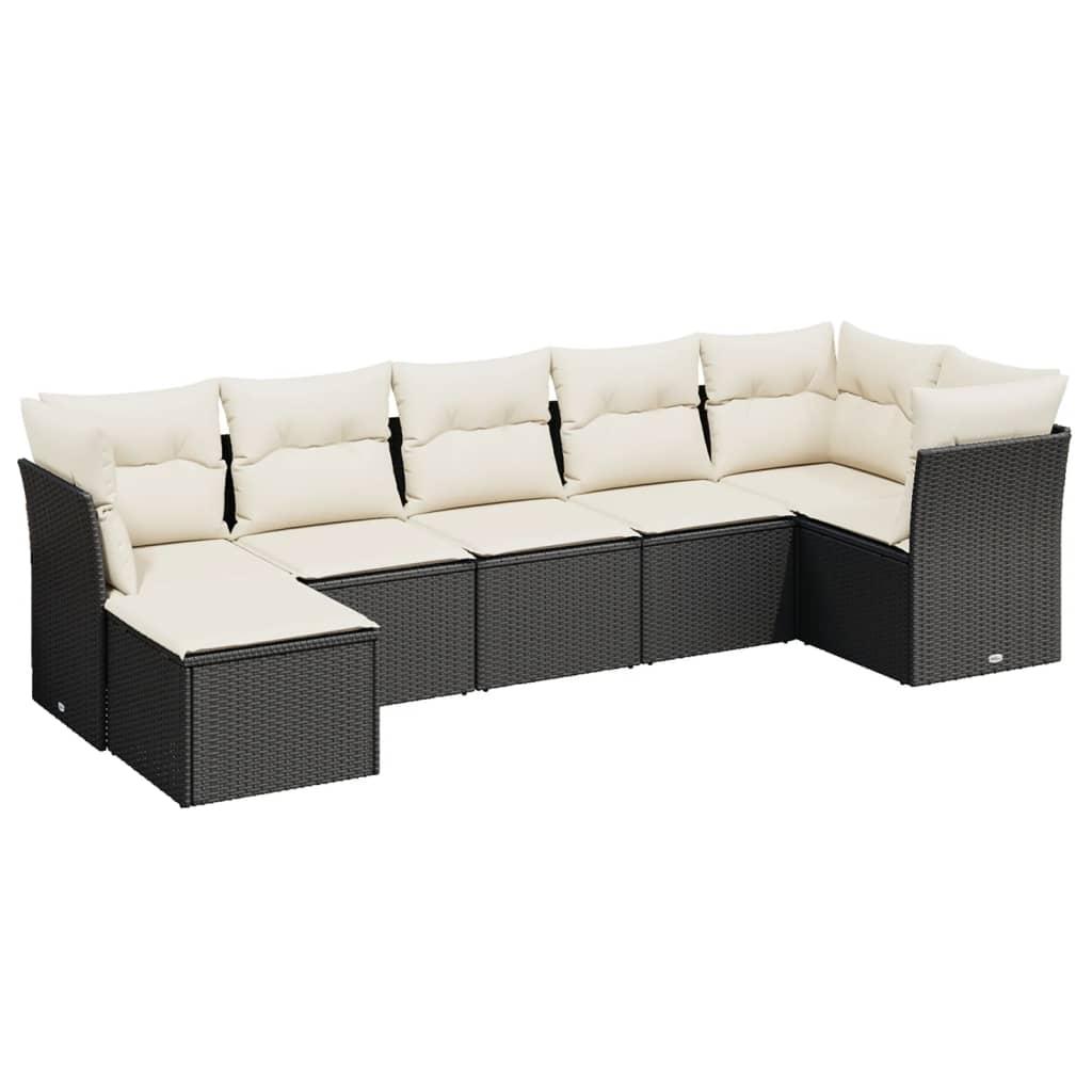 7 Piece Garden Sofa Set with Cushions Black Poly Rattan