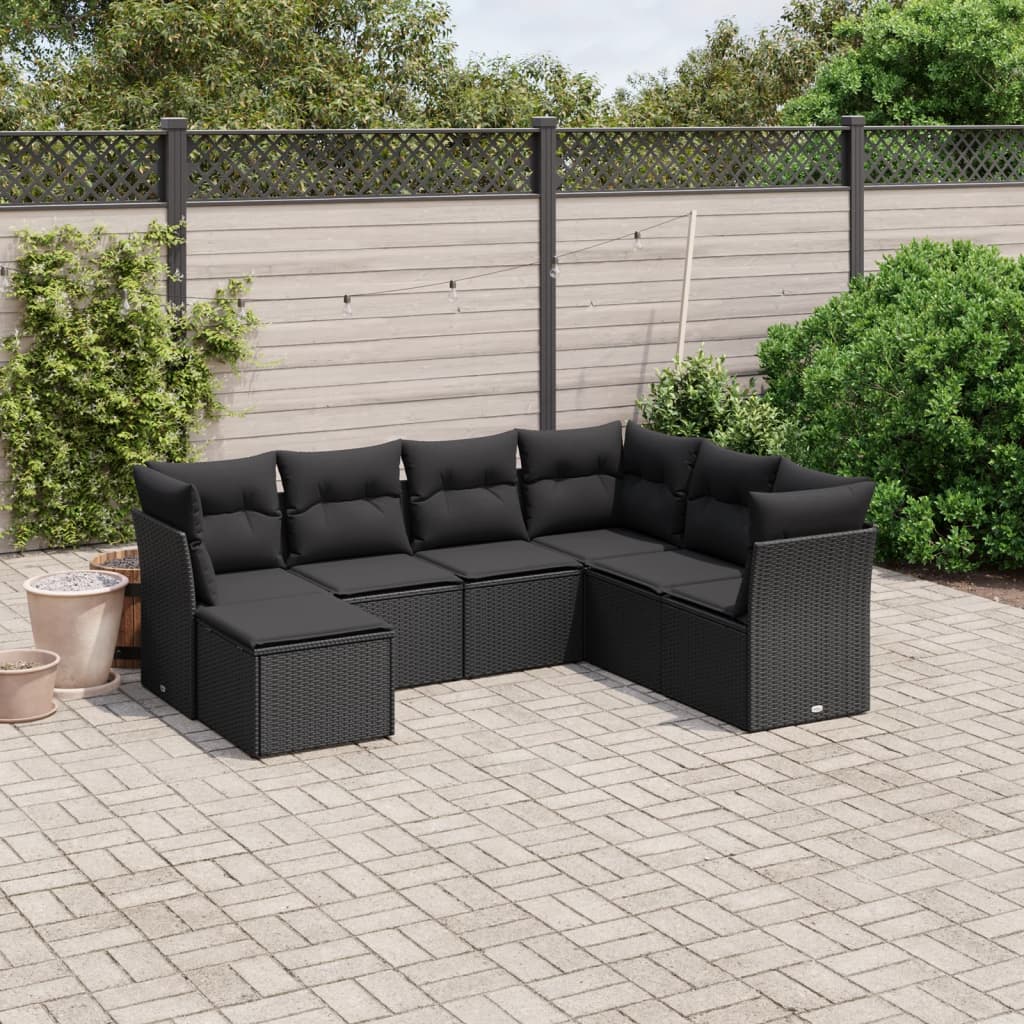 7 Piece Garden Sofa Set with Cushions Black Poly Rattan