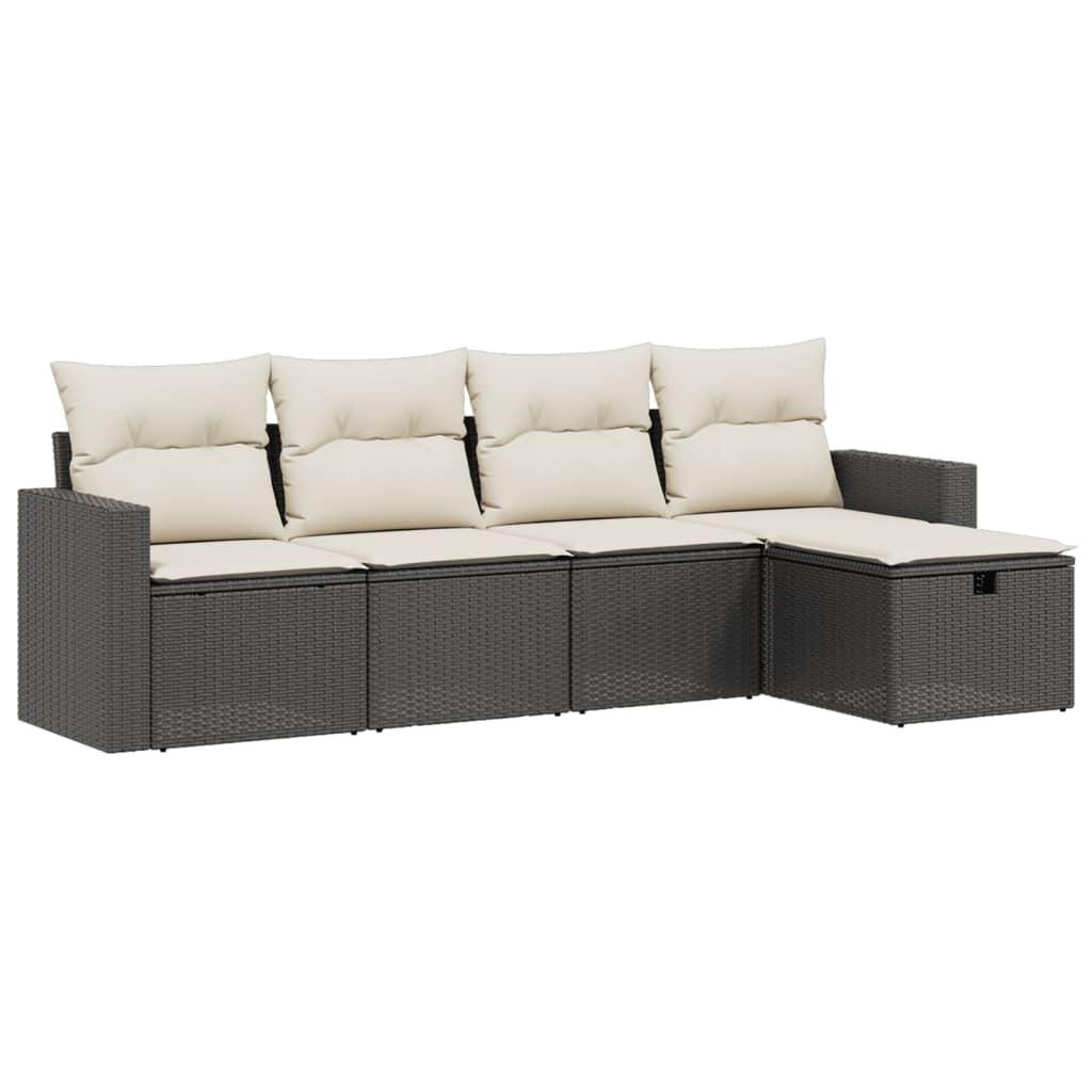 5 Piece Garden Sofa Set with Cushions Black Poly Rattan