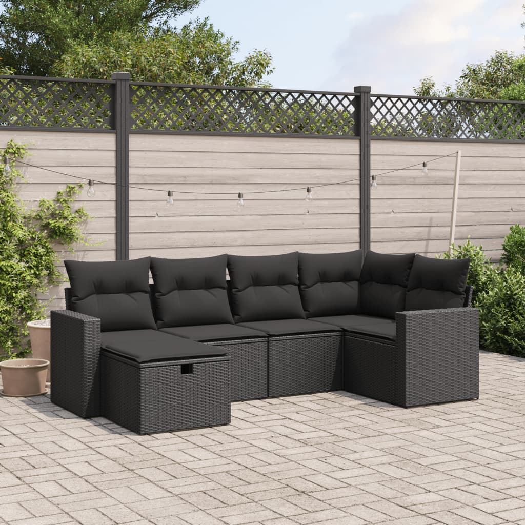 6 Piece Garden Sofa Set with Cushions Black Poly Rattan