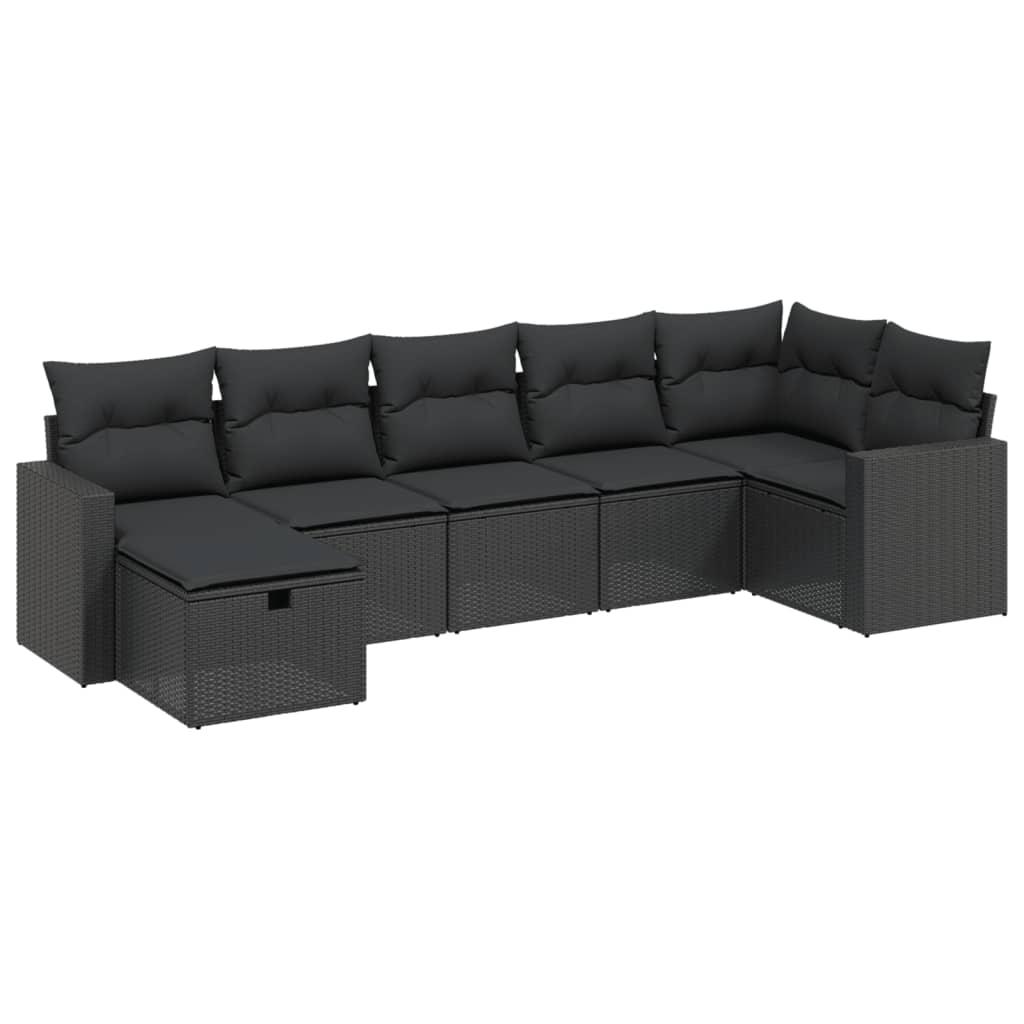 7 Piece Garden Sofa Set with Cushions Black Poly Rattan