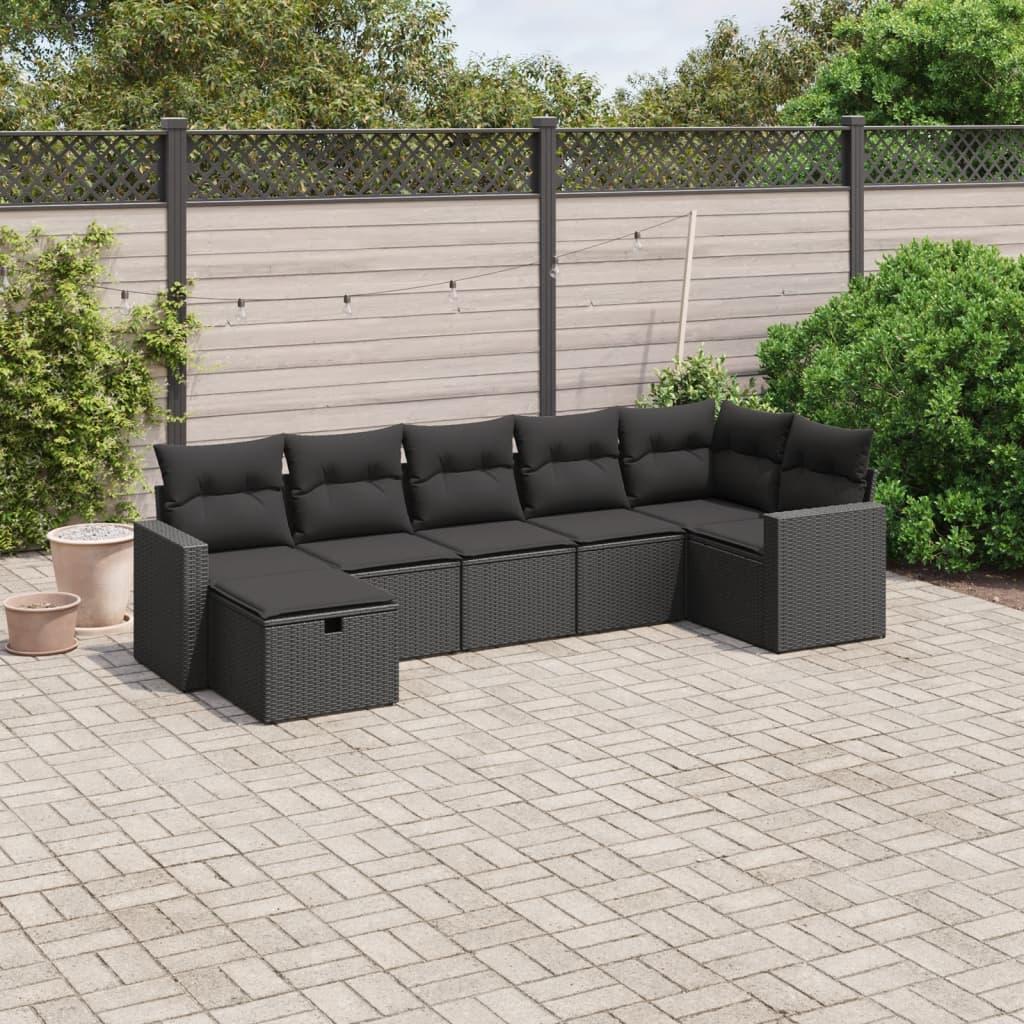 7 Piece Garden Sofa Set with Cushions Black Poly Rattan