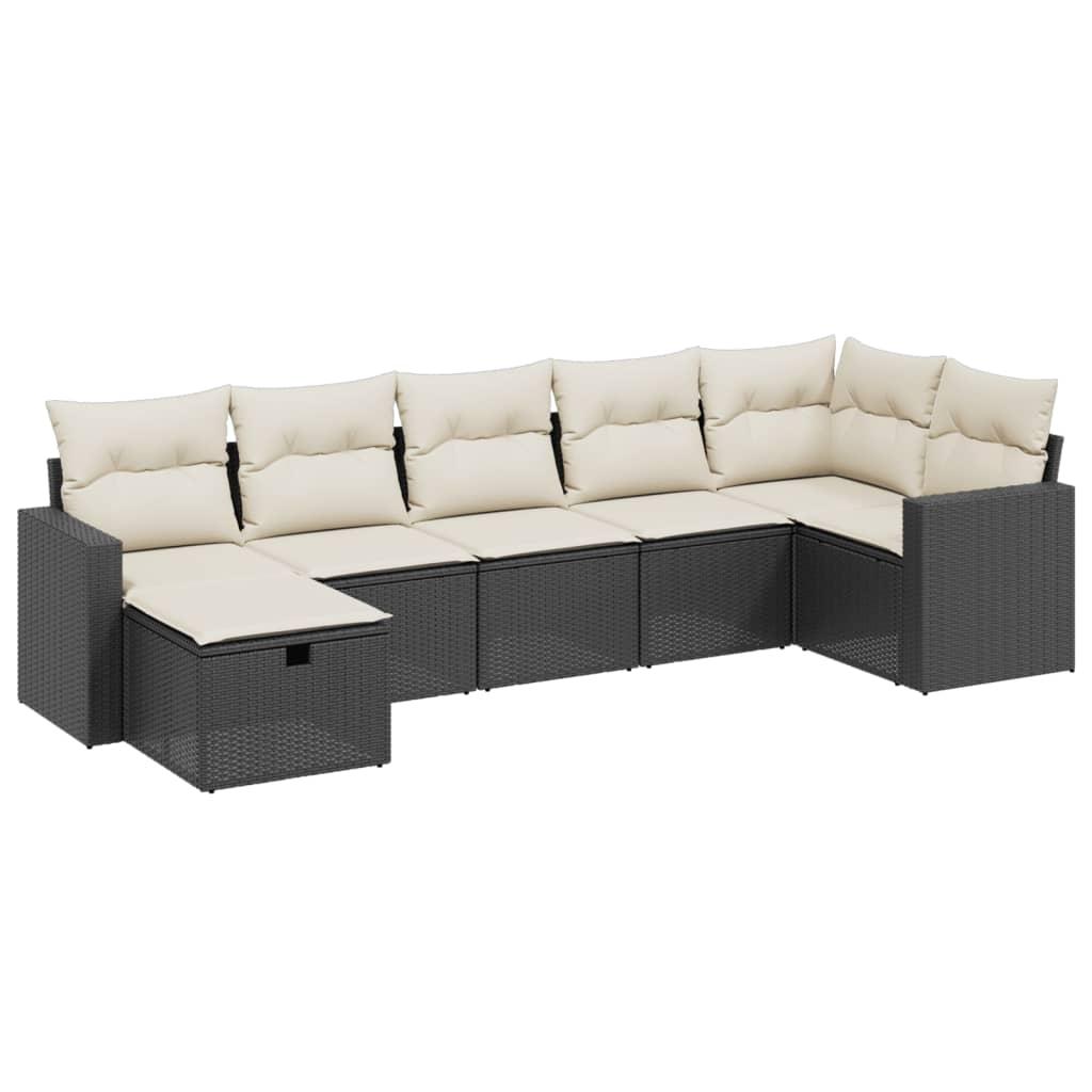7 Piece Garden Sofa Set with Cushions Black Poly Rattan