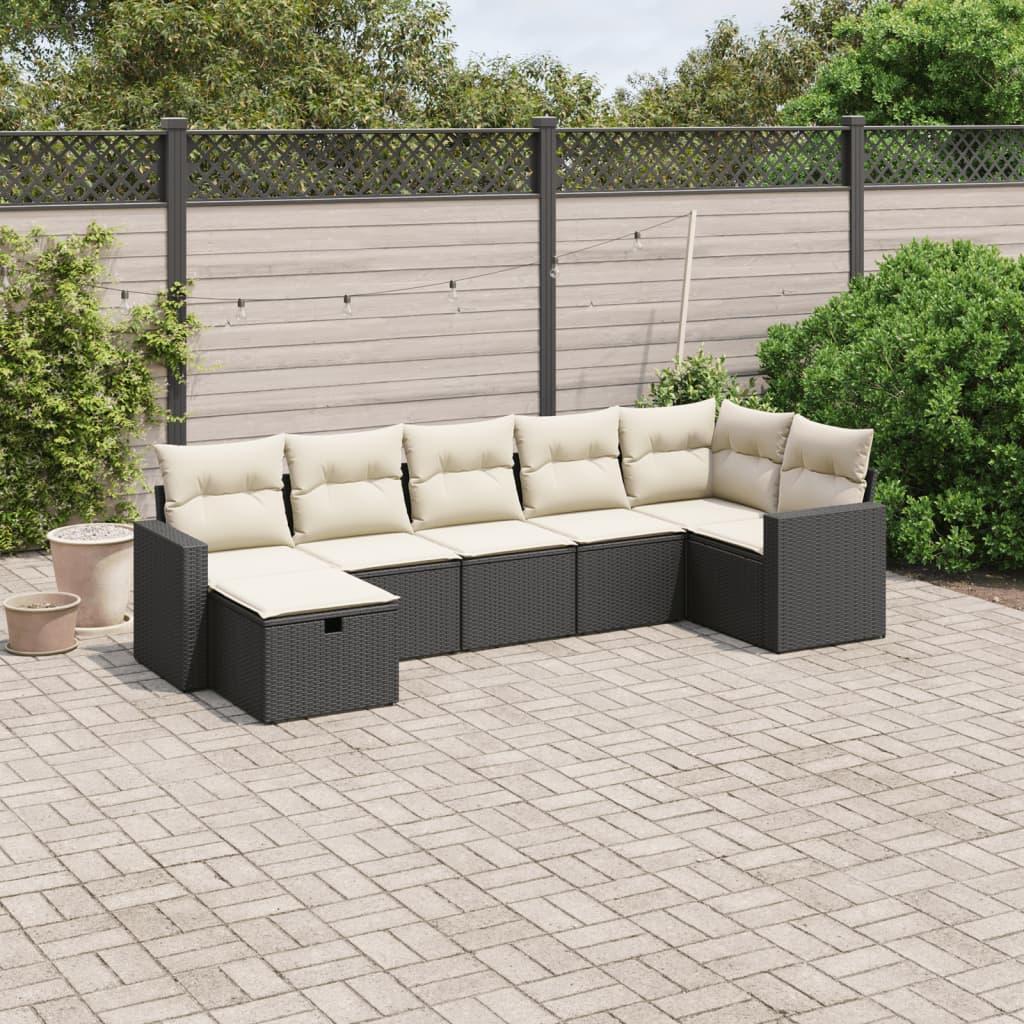 7 Piece Garden Sofa Set with Cushions Black Poly Rattan