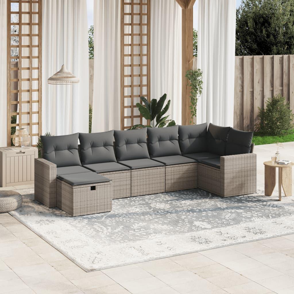 7 Piece Garden Sofa Set with Cushions Grey Poly Rattan