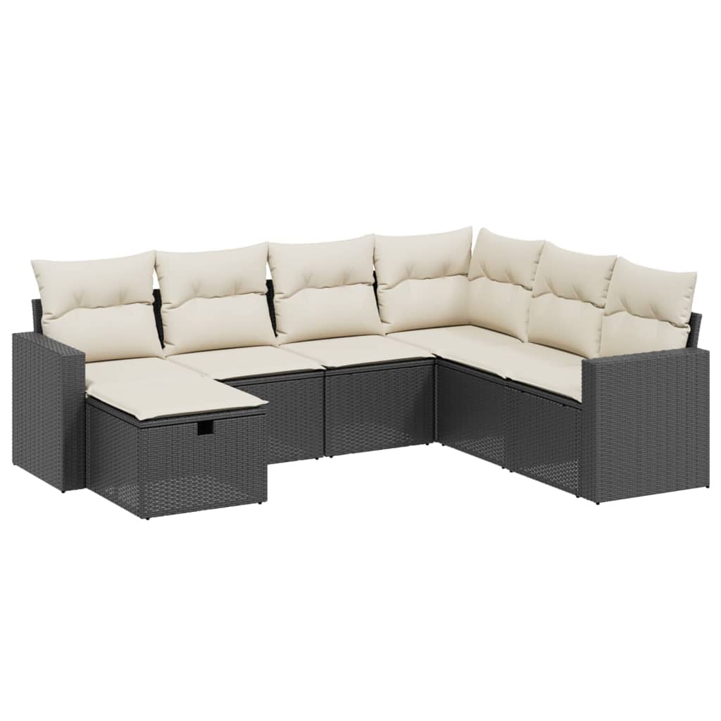 7 Piece Garden Sofa Set with Cushions Black Poly Rattan