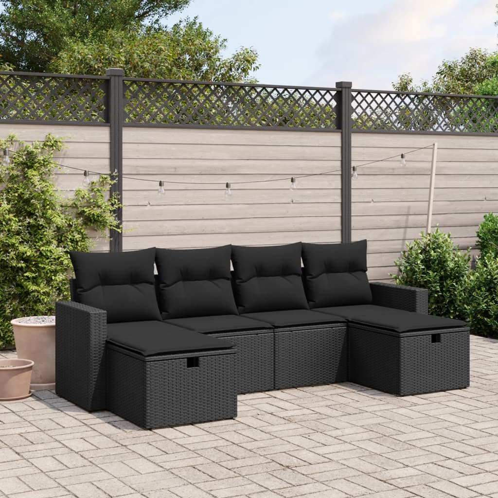 6 Piece Garden Sofa Set with Cushions Black Poly Rattan