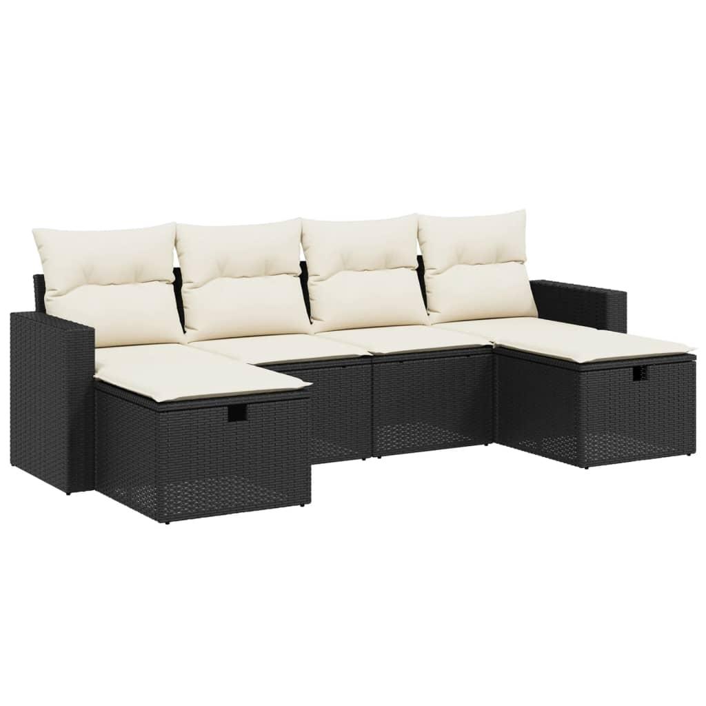6 Piece Garden Sofa Set with Cushions Black Poly Rattan