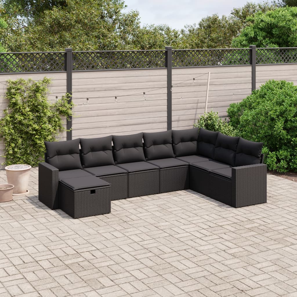 8 Piece Garden Sofa Set with Cushions Black Poly Rattan