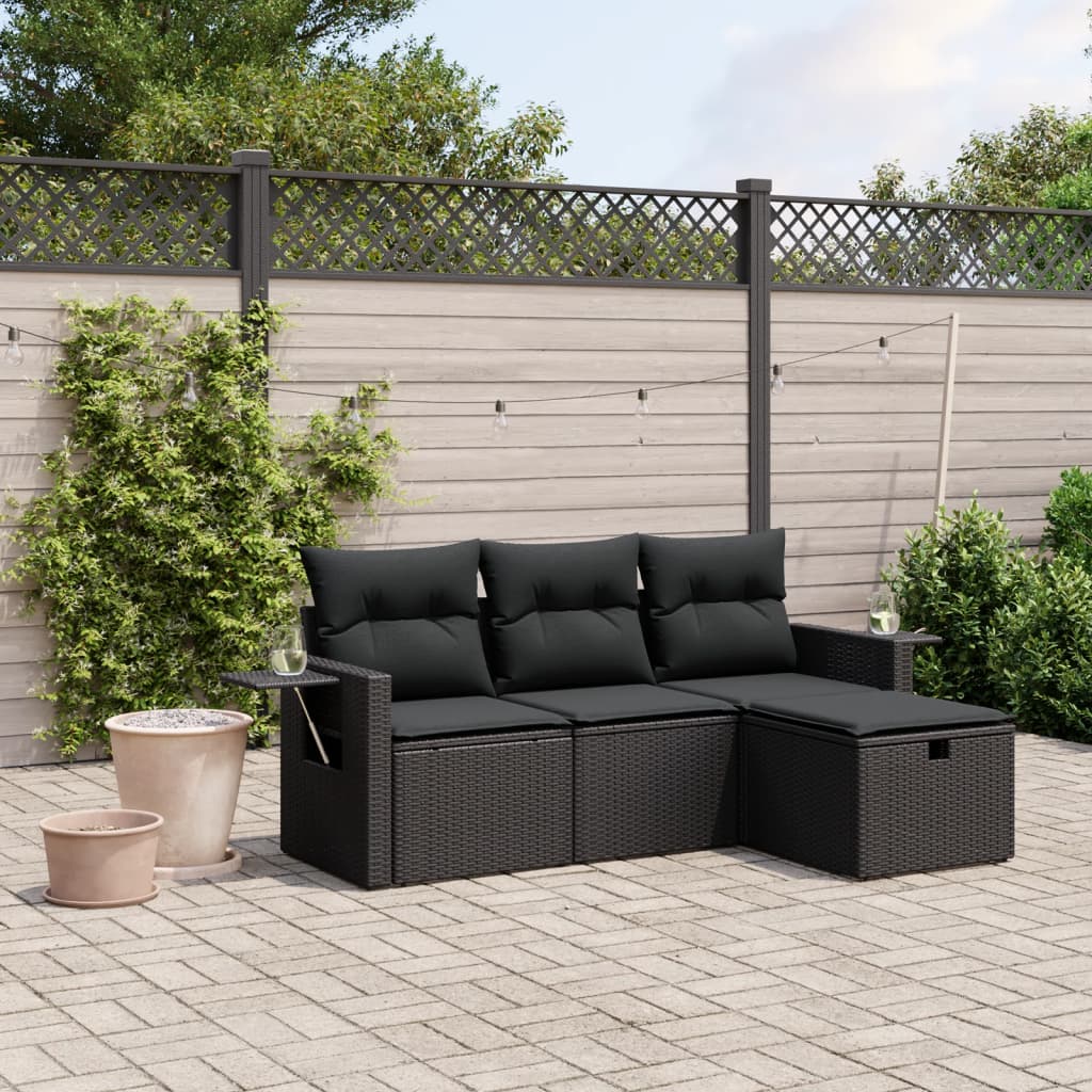 4 Piece Garden Sofa Set with Cushions Black Poly Rattan