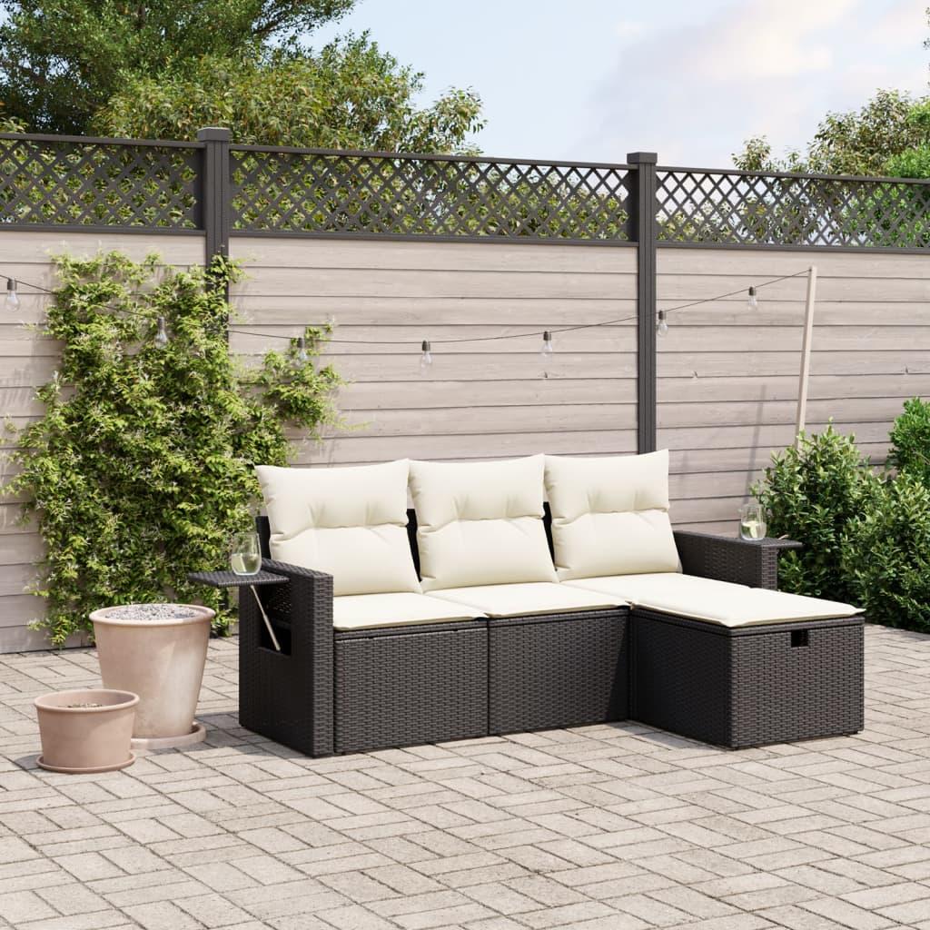 4 Piece Garden Sofa Set with Cushions Black Poly Rattan