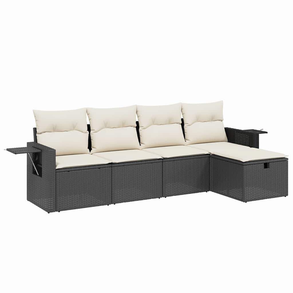 5 Piece Garden Sofa Set with Cushions Black Poly Rattan