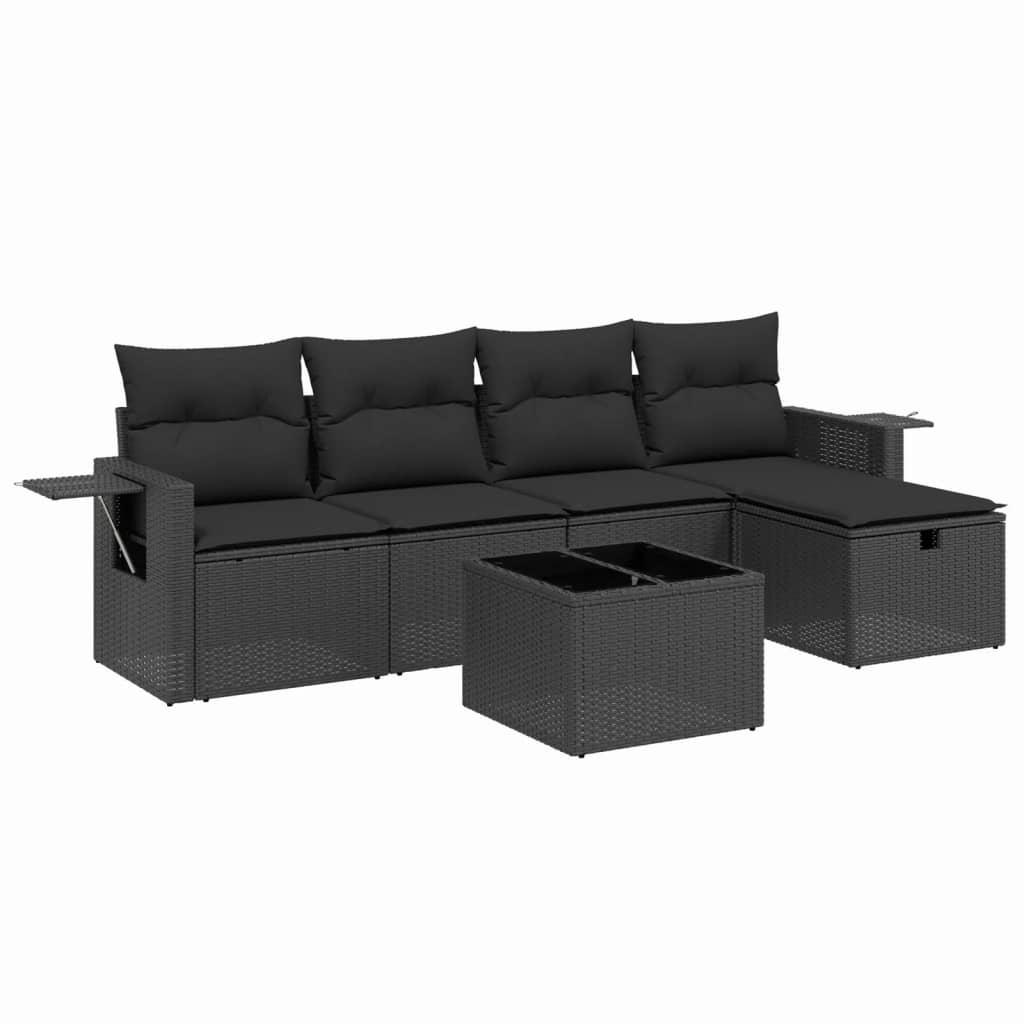 6 Piece Garden Sofa Set with Cushions Black Poly Rattan