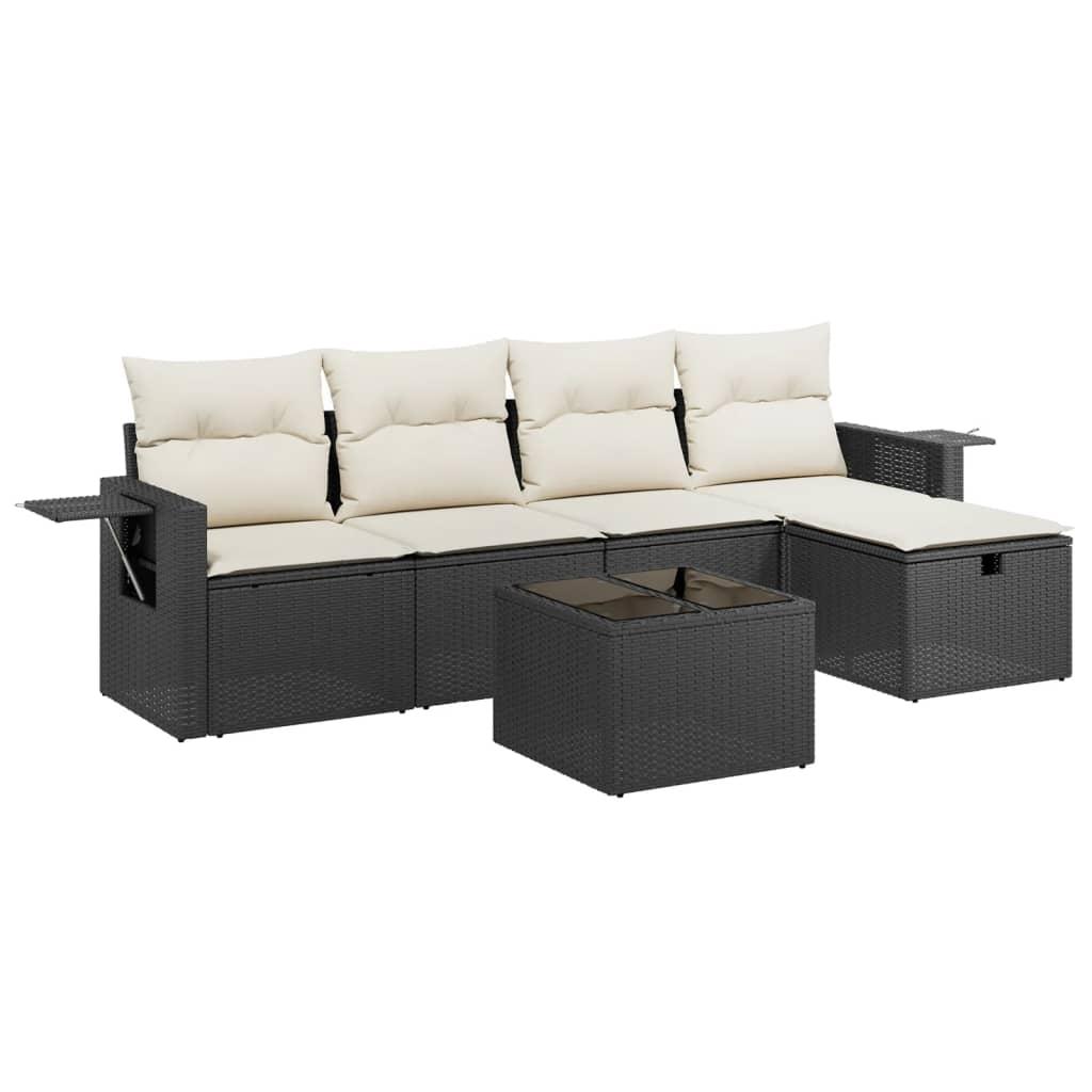 6 Piece Garden Sofa Set with Cushions Black Poly Rattan