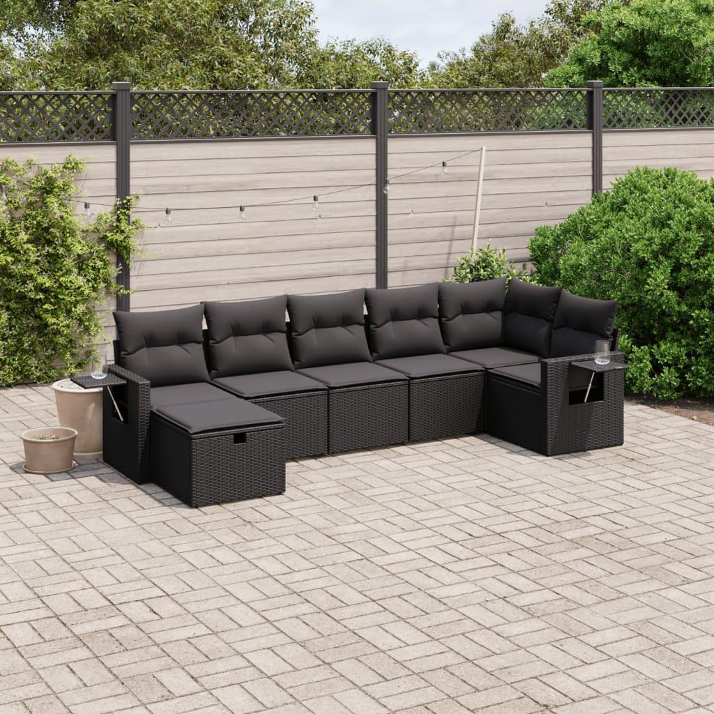 7 Piece Garden Sofa Set with Cushions Black Poly Rattan