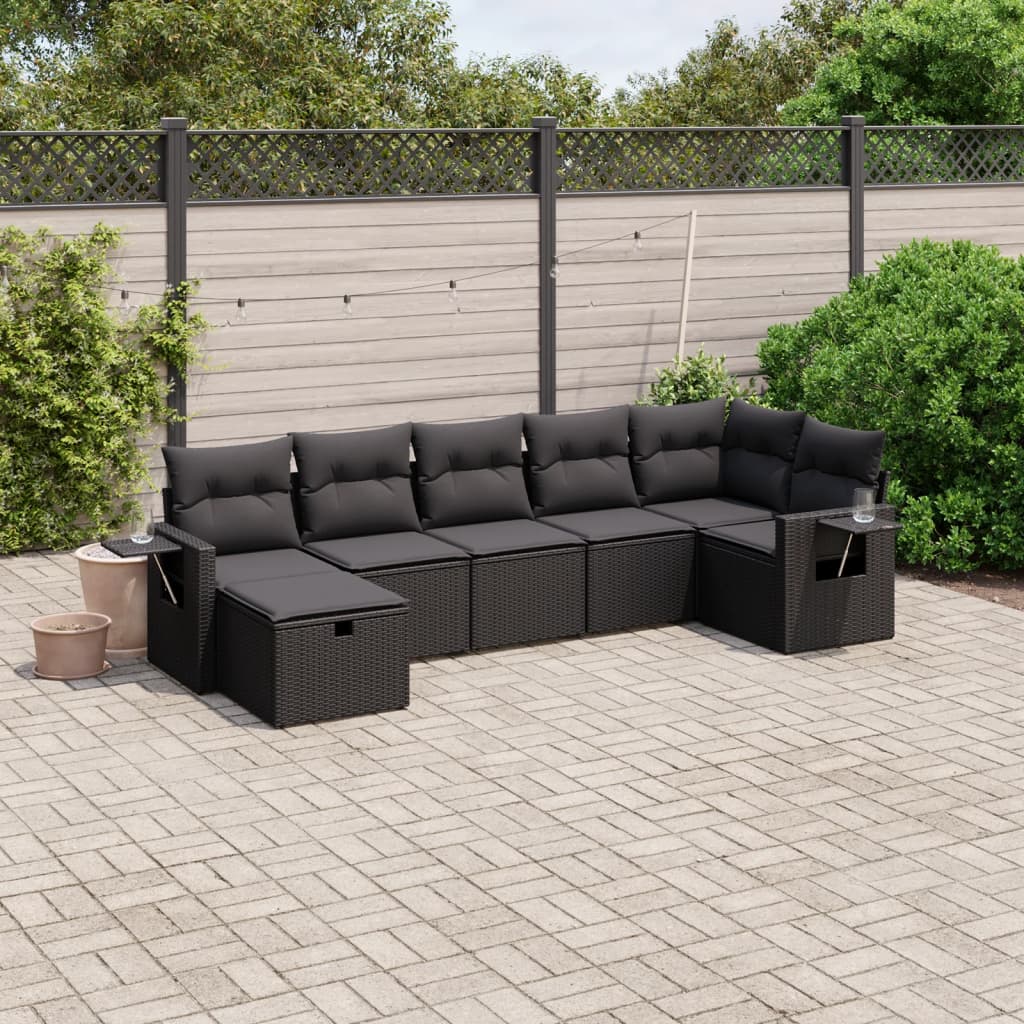 7 Piece Garden Sofa Set with Cushions Black Poly Rattan