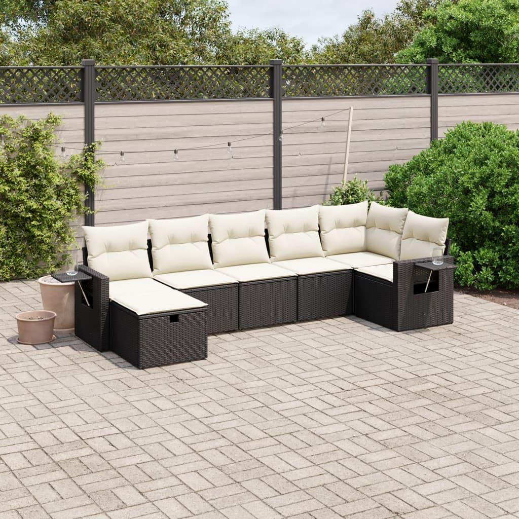 7 Piece Garden Sofa Set with Cushions Black Poly Rattan