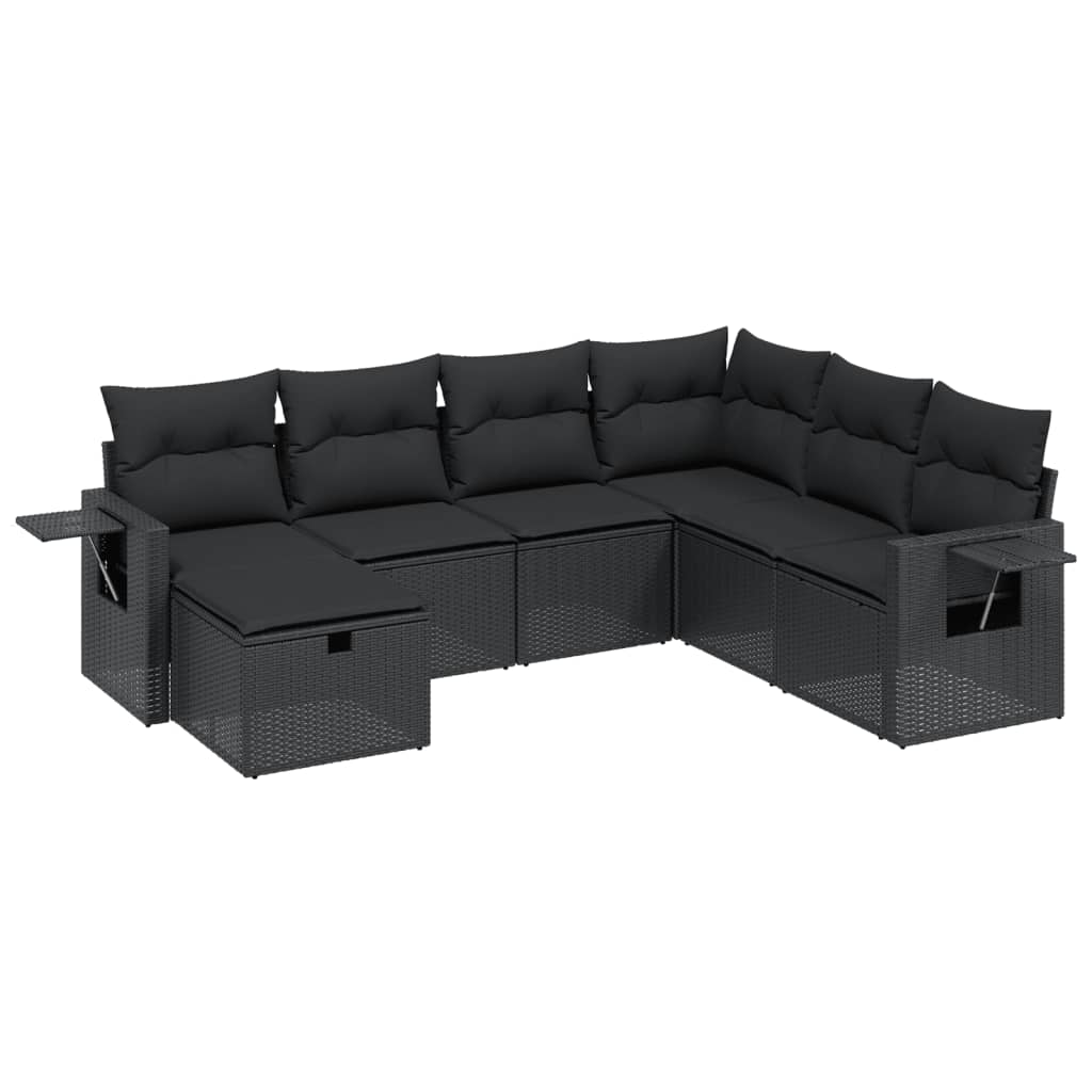 7 Piece Garden Sofa Set with Cushions Black Poly Rattan