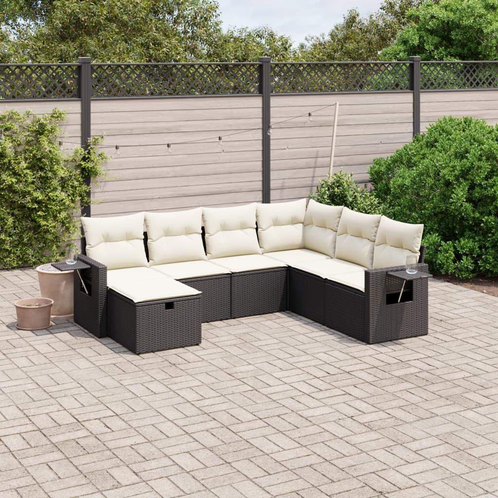 7 Piece Garden Sofa Set with Cushions Black Poly Rattan