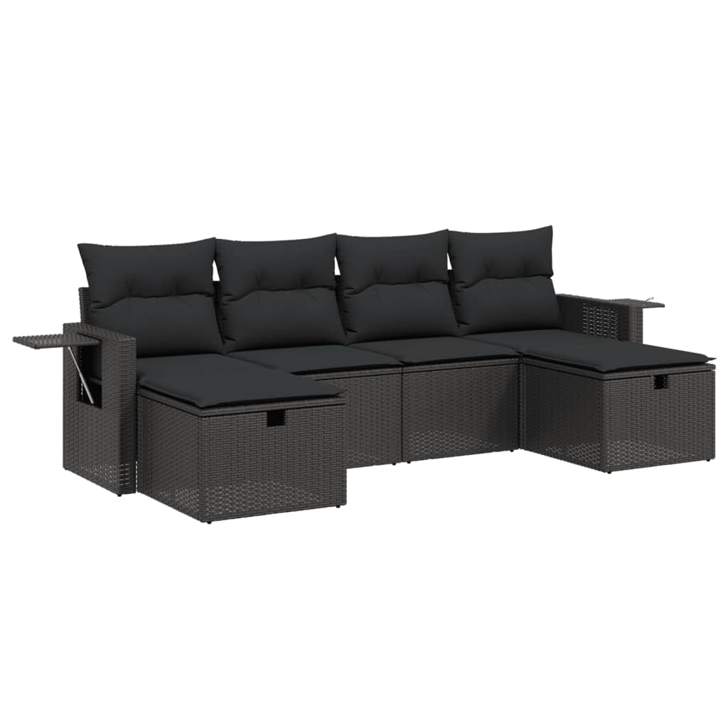 6 Piece Garden Sofa Set with Cushions Black Poly Rattan