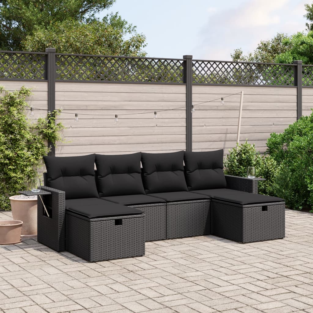 6 Piece Garden Sofa Set with Cushions Black Poly Rattan