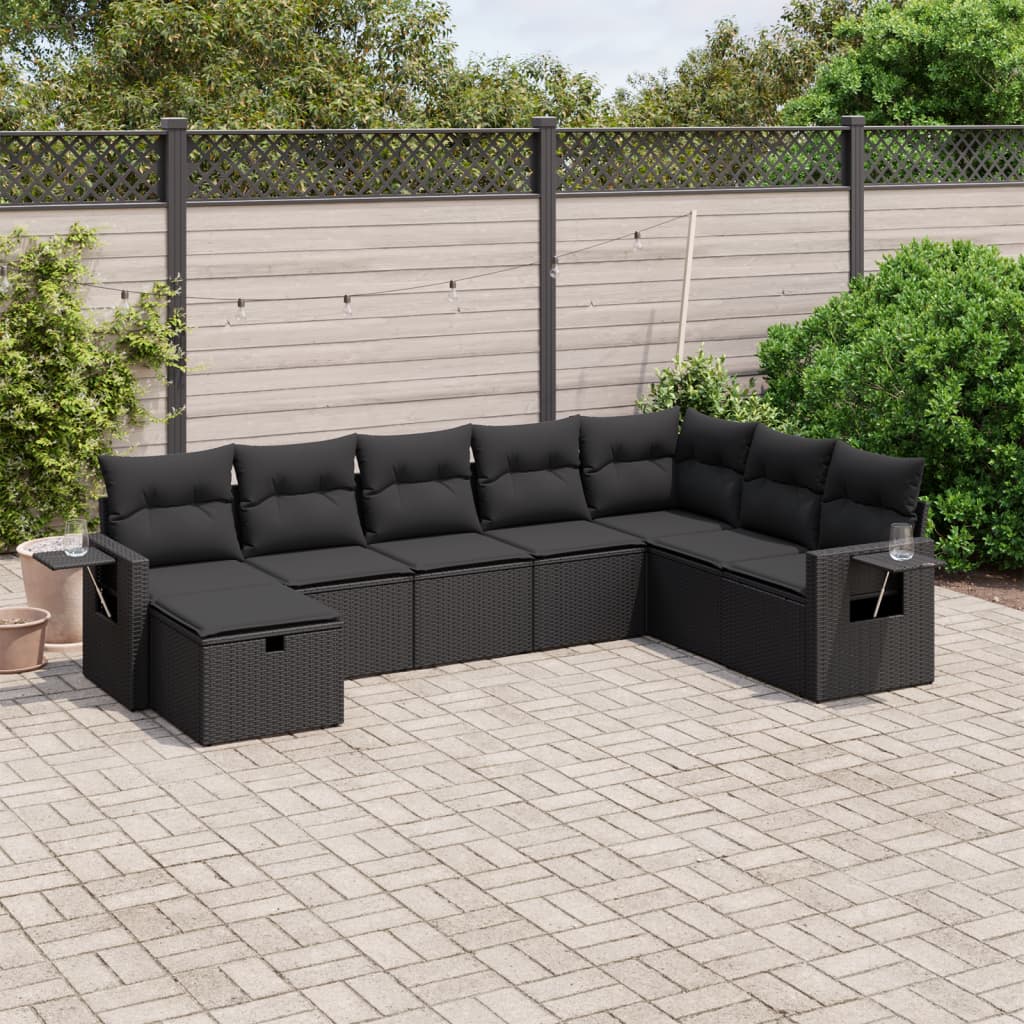 8 Piece Garden Sofa Set with Cushions Black Poly Rattan