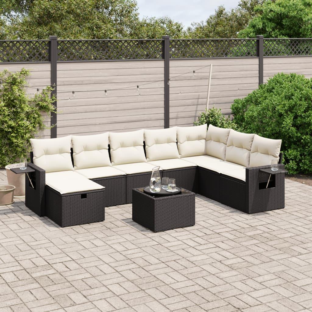 9 Piece Garden Sofa Set with Cushions Black Poly Rattan