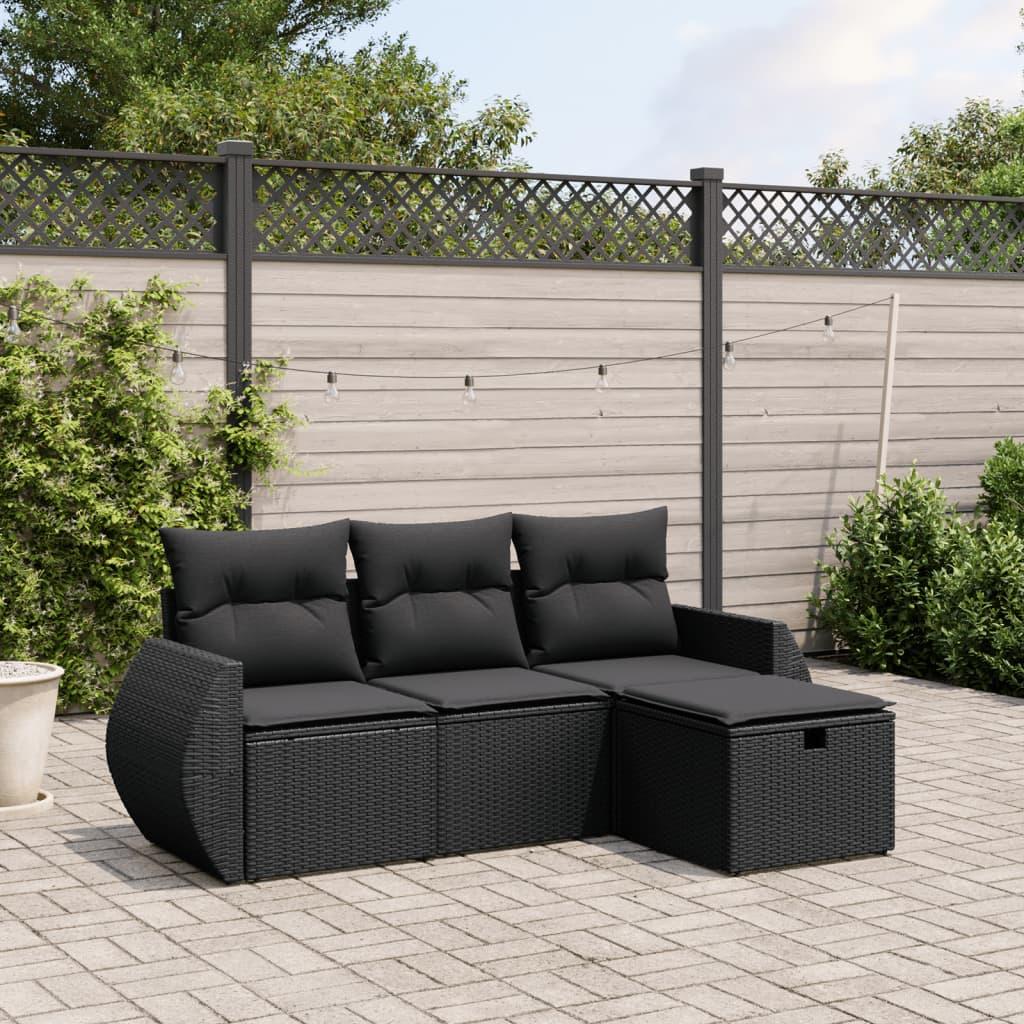 4 Piece Garden Sofa Set with Cushions Black Poly Rattan