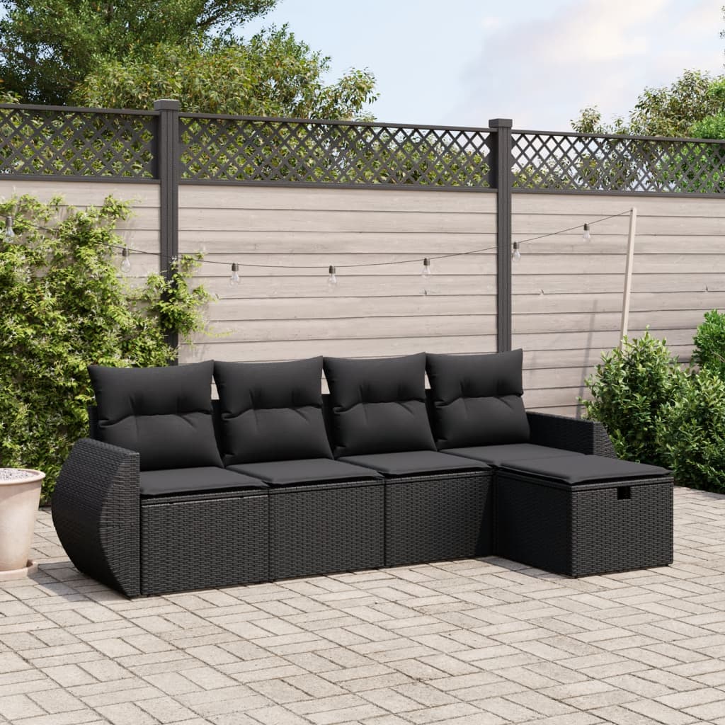 5 Piece Garden Sofa Set with Cushions Black Poly Rattan