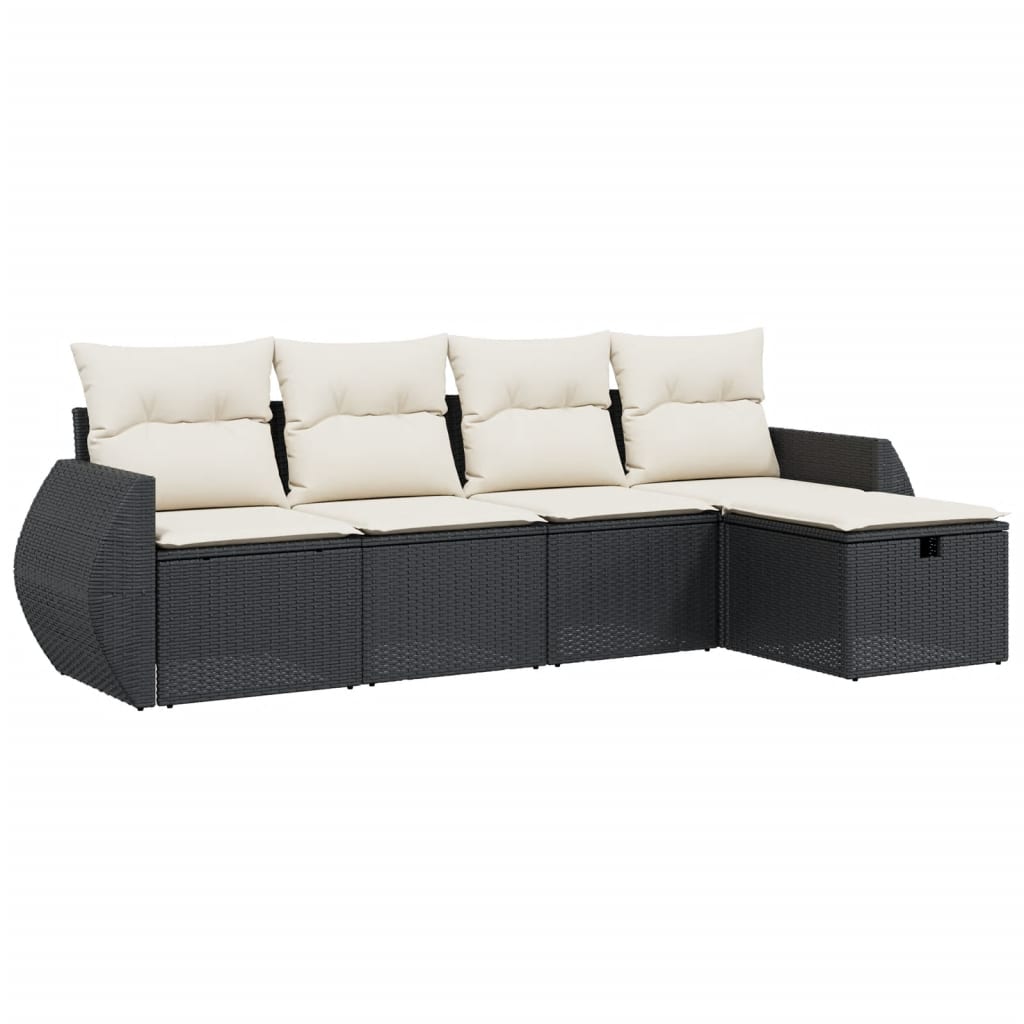 5 Piece Garden Sofa Set with Cushions Black Poly Rattan