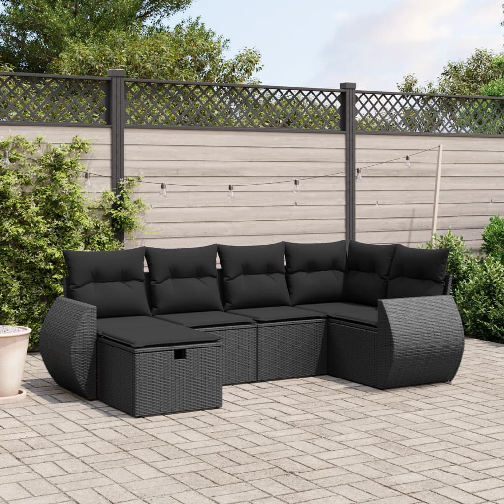 6 Piece Garden Sofa Set with Cushions Black Poly Rattan