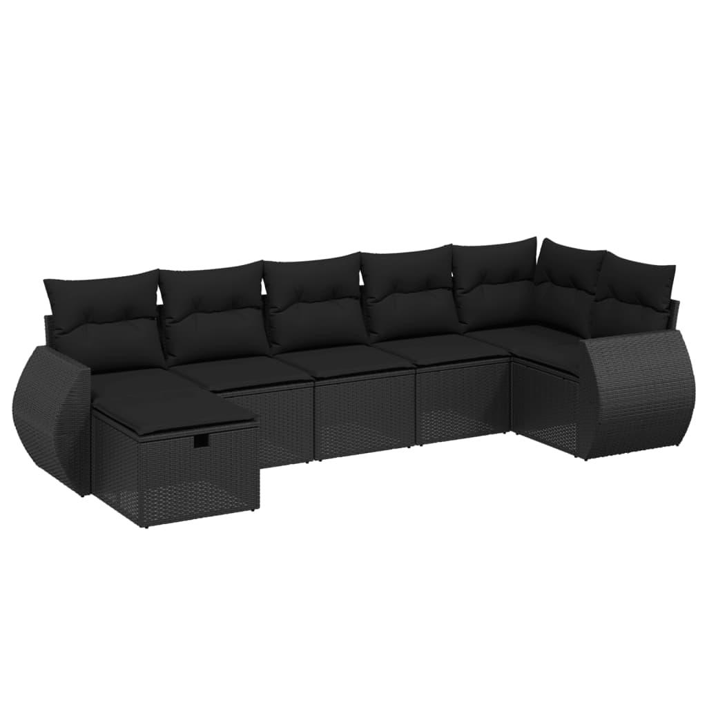 7 Piece Garden Sofa Set with Cushions Black Poly Rattan