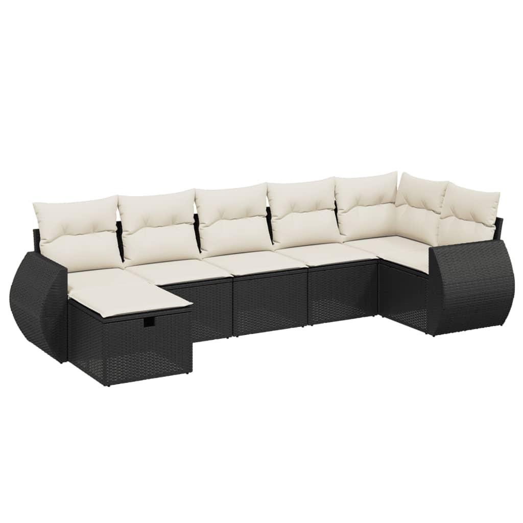 7 Piece Garden Sofa Set with Cushions Black Poly Rattan
