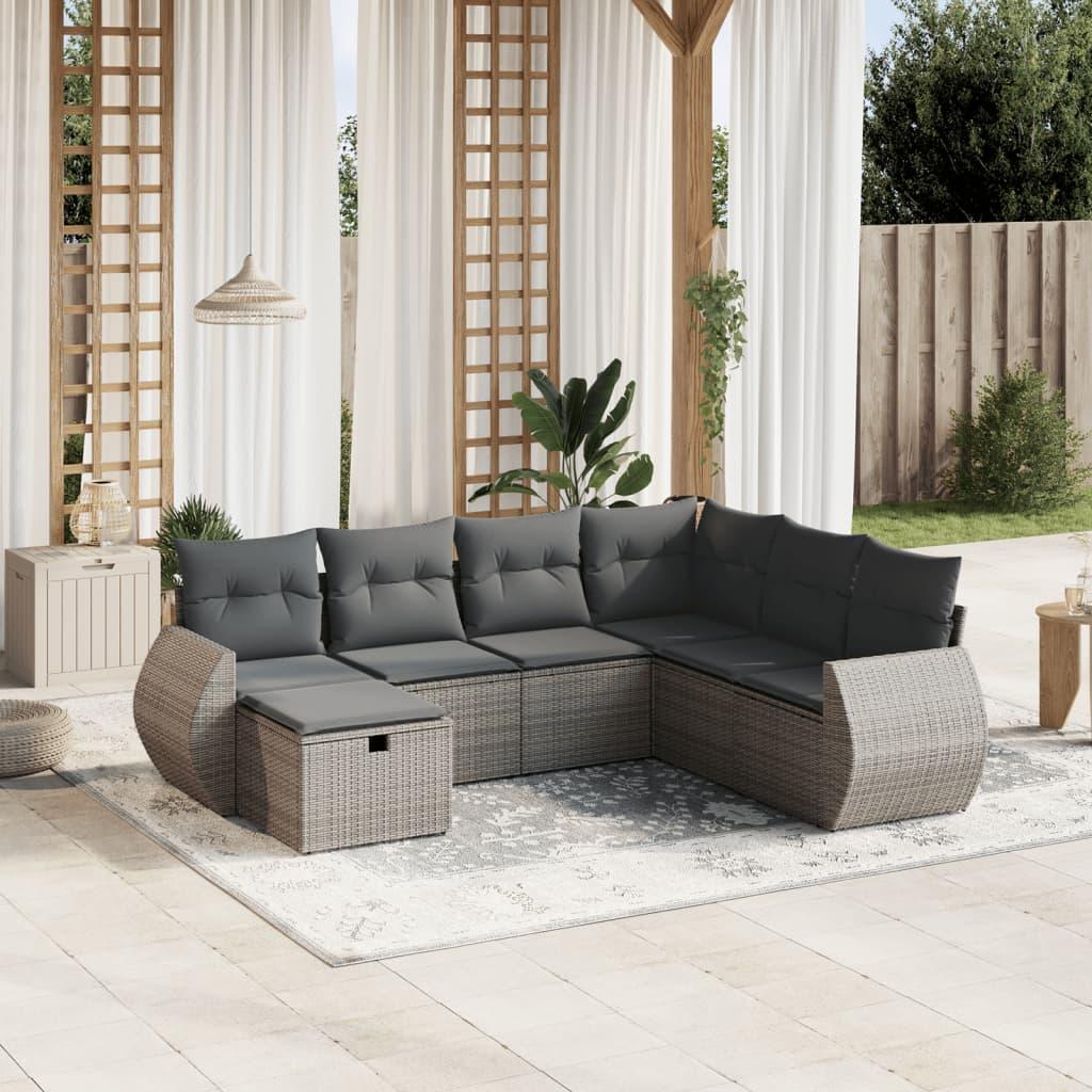 7 Piece Garden Sofa Set with Cushions Grey Poly Rattan