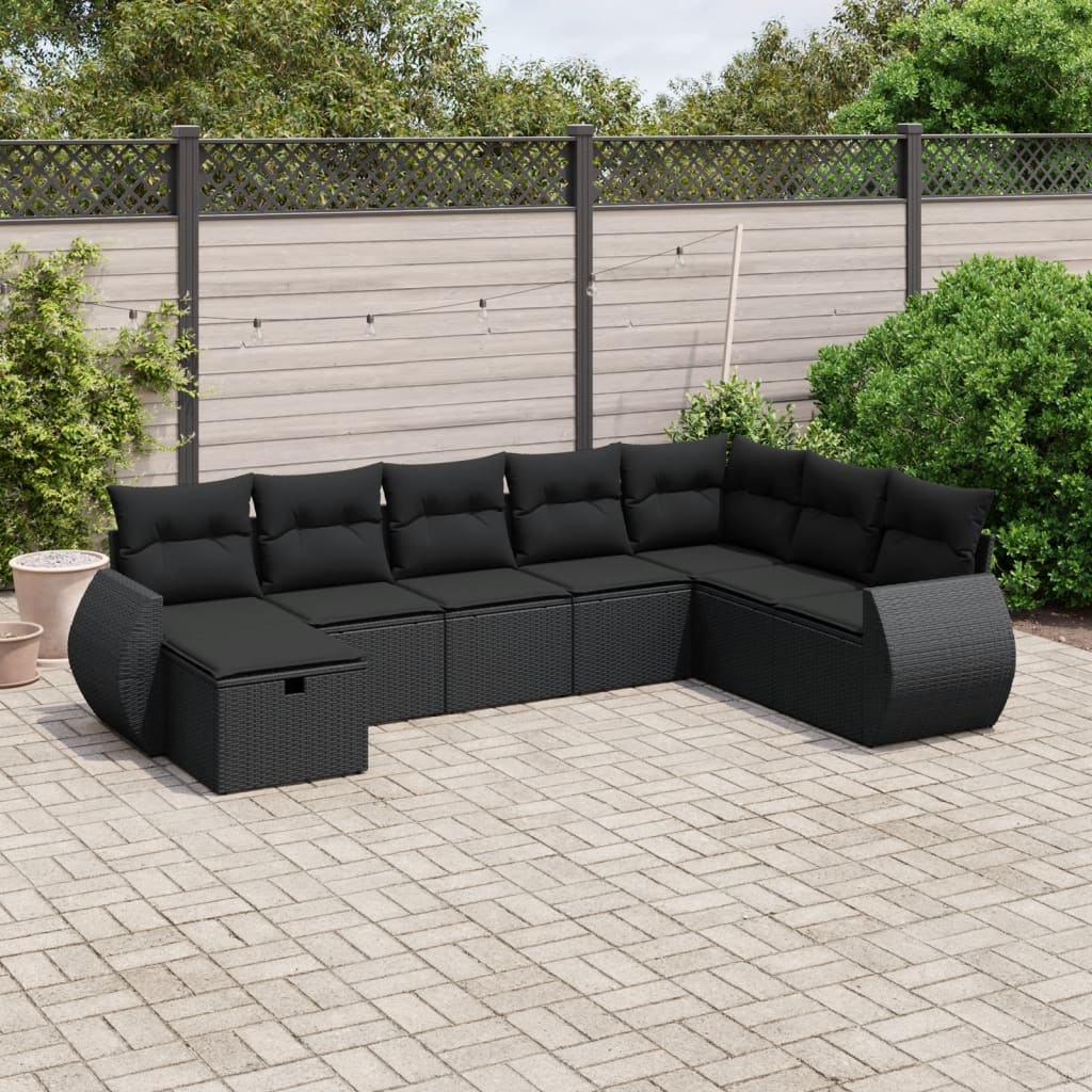 8 Piece Garden Sofa Set with Cushions Black Poly Rattan