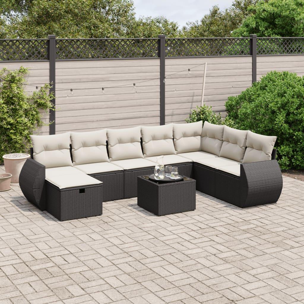 9 Piece Garden Sofa Set with Cushions Black Poly Rattan