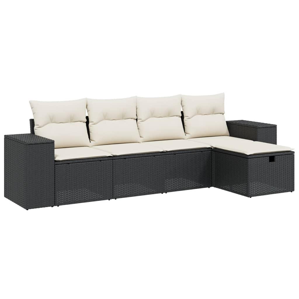 5 Piece Garden Sofa Set with Cushions Black Poly Rattan