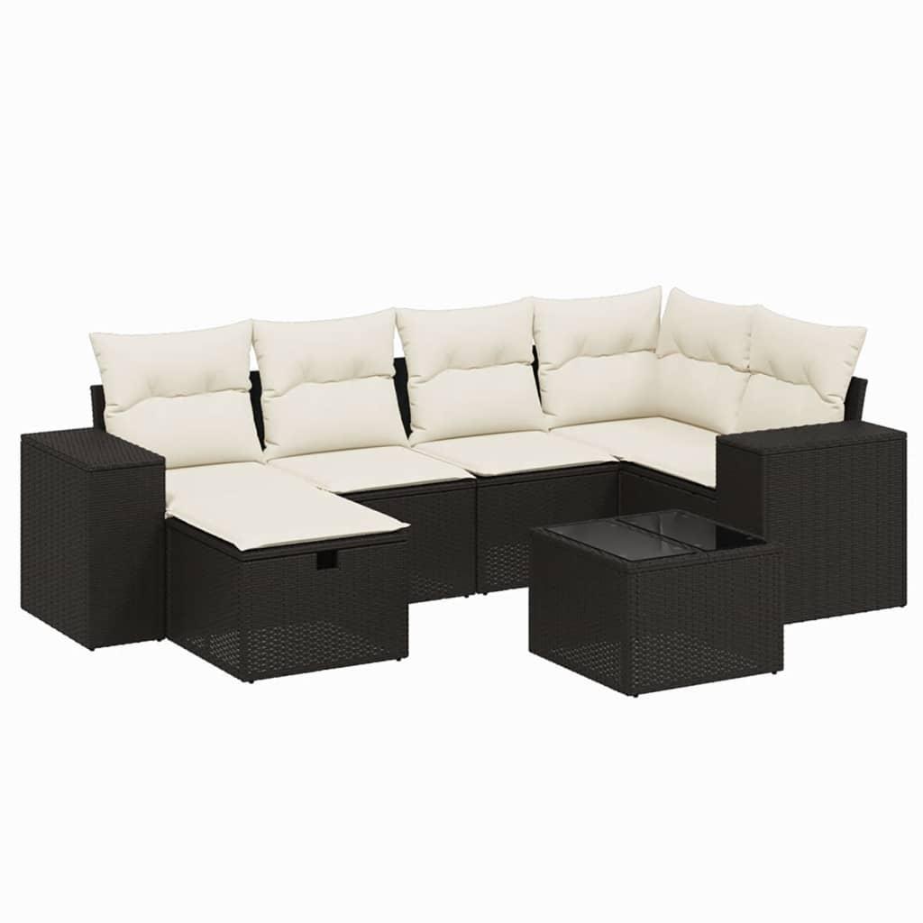 7 Piece Garden Sofa Set with Cushions Black Poly Rattan
