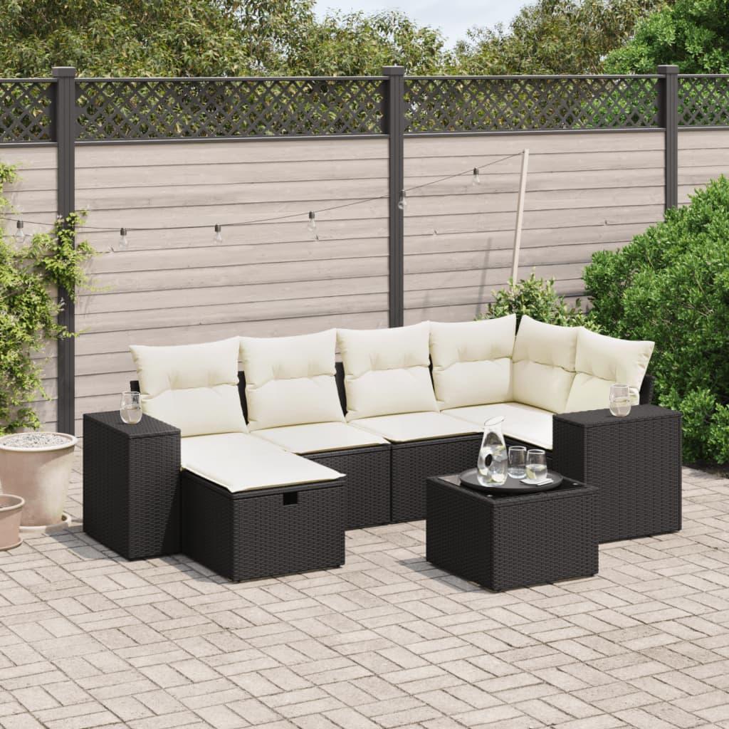 7 Piece Garden Sofa Set with Cushions Black Poly Rattan