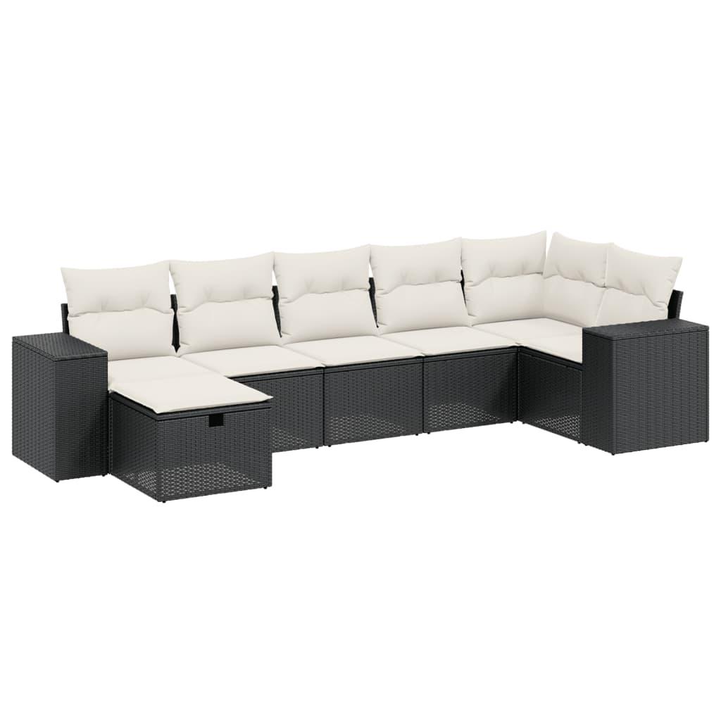 7 Piece Garden Sofa Set with Cushions Black Poly Rattan